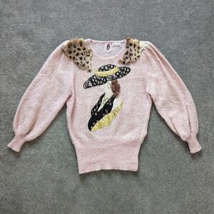 Chyi Neau vintage lady silhouette embroidered lace leopard sweater pink Medium
